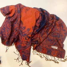 Scarf 100% Pashmina Cashmere Wool Shawl Wrap Scarf Blue orange Paisley 28" X 75"