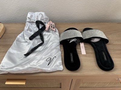  Victoria's Secret Rhinestone Slip-On Slide Sandals Black Silver Women 7-8 NWT