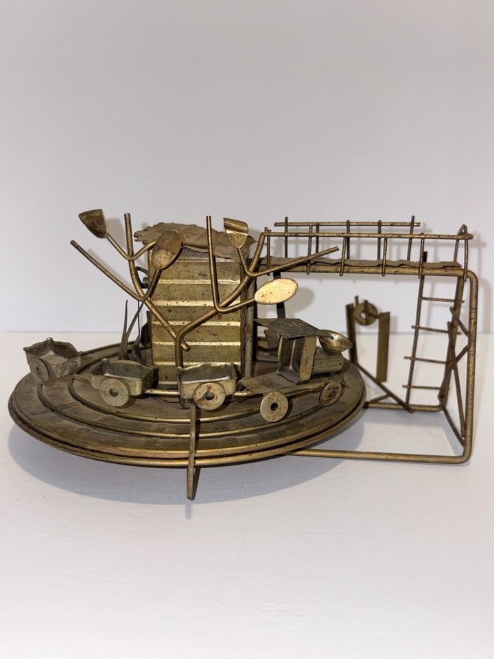 Old Vintage Copper Rotating Train and Moveable Gate Music Box Station Works!