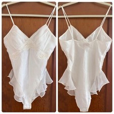 Vintage 90s Ivory Satin Chiffon Sequins Beads Lace High Rise Teddy Size Small