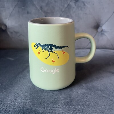 Google Coffee Mug Tea Cup Spellout Logo DinosaurT-Rex Flamingos Green EUC