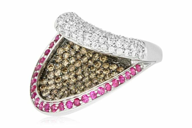 Rubí redondo único de 0,72 quilates con anillos de zafiro simulado marrón y blanco de 1, quilate Foto 3 de 4