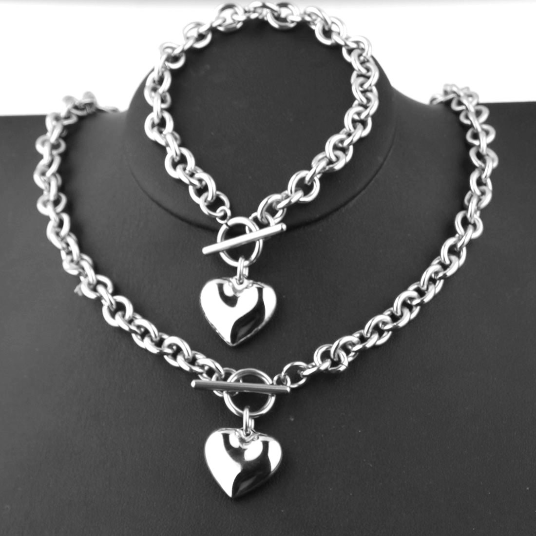 Beauty Women's Set Stainless Steel Oval Chain Solid Heart Necklace