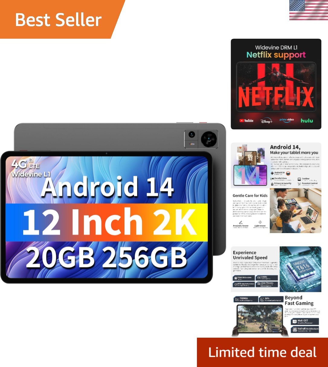 Tablet 12 inch Android 14 Tablets, with 256GB StorageExpand to 1TB, Unisoc T6..-image