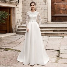 Elegant Wedding Dresses Long Sleeves O-Neck Lace Satin Sweep Train Bridal Gowns