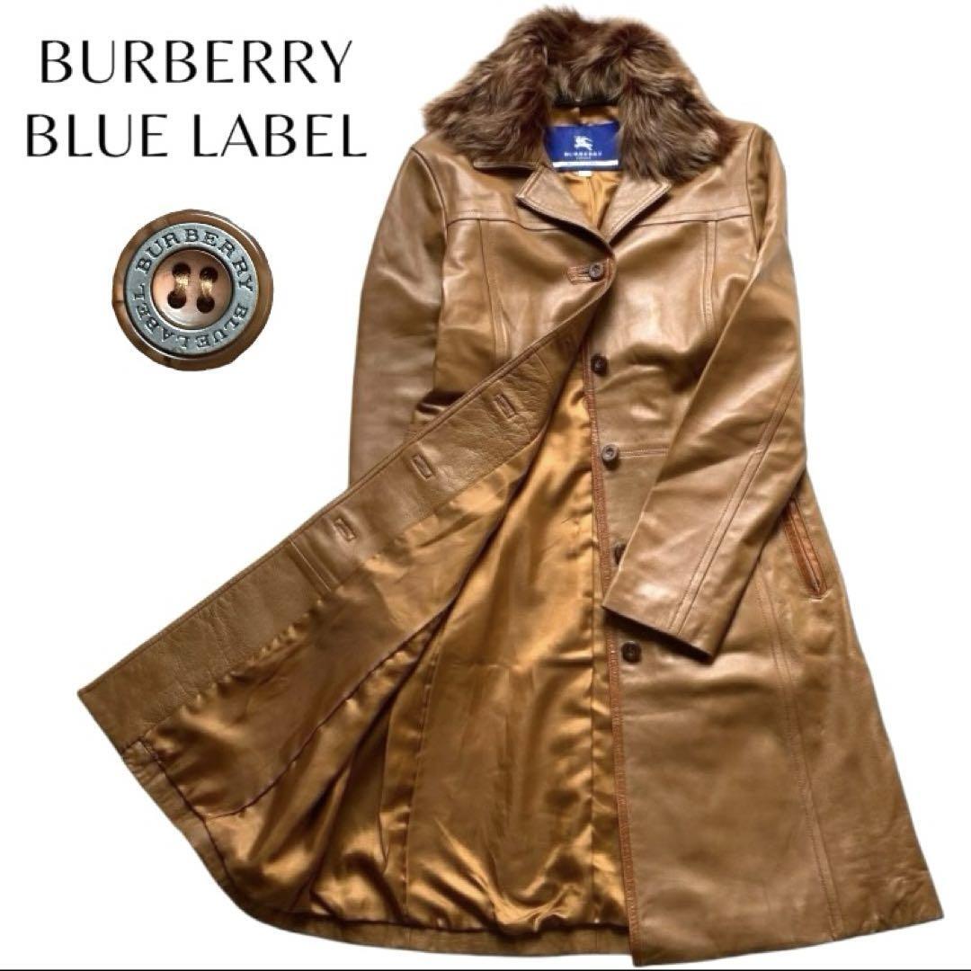 Rare BURBERRY BLUE LABEL Lamb Leather Long Coat Chican Fur Women's #D2711A