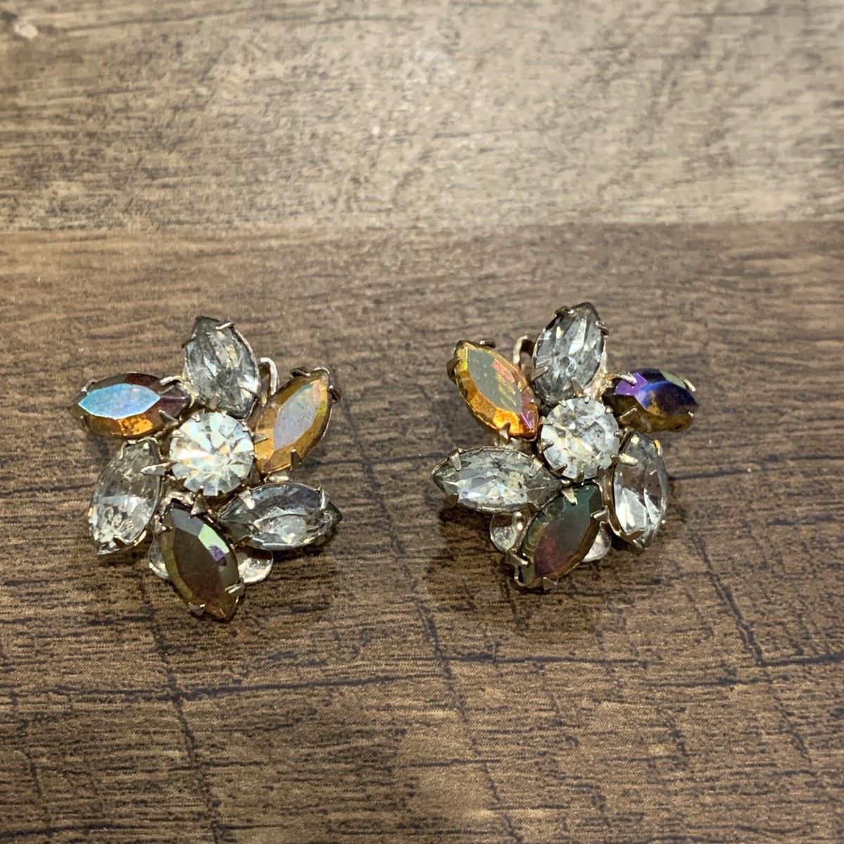 ◆STONEHENgE◆ 14K Earrings F0119 Vintage Continental Rhinestone Clip Earrings Multicolour