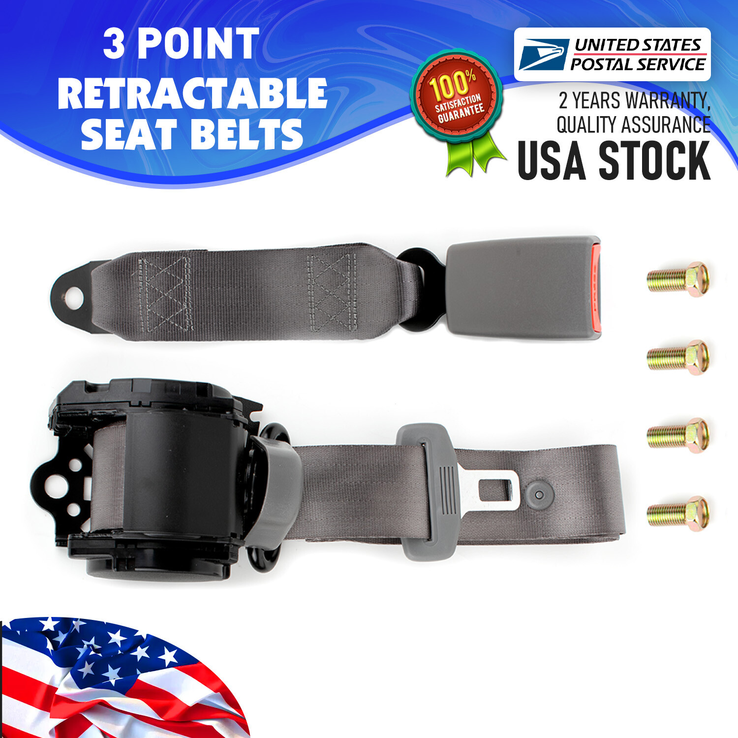 1x Retractable 3 Point Seat Belt Length 142inch Emergency lockout Adjustable