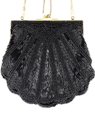 Carla Marchi Beaded Scallop Shell Black Evening Bag Clutch or Shoulder AA37