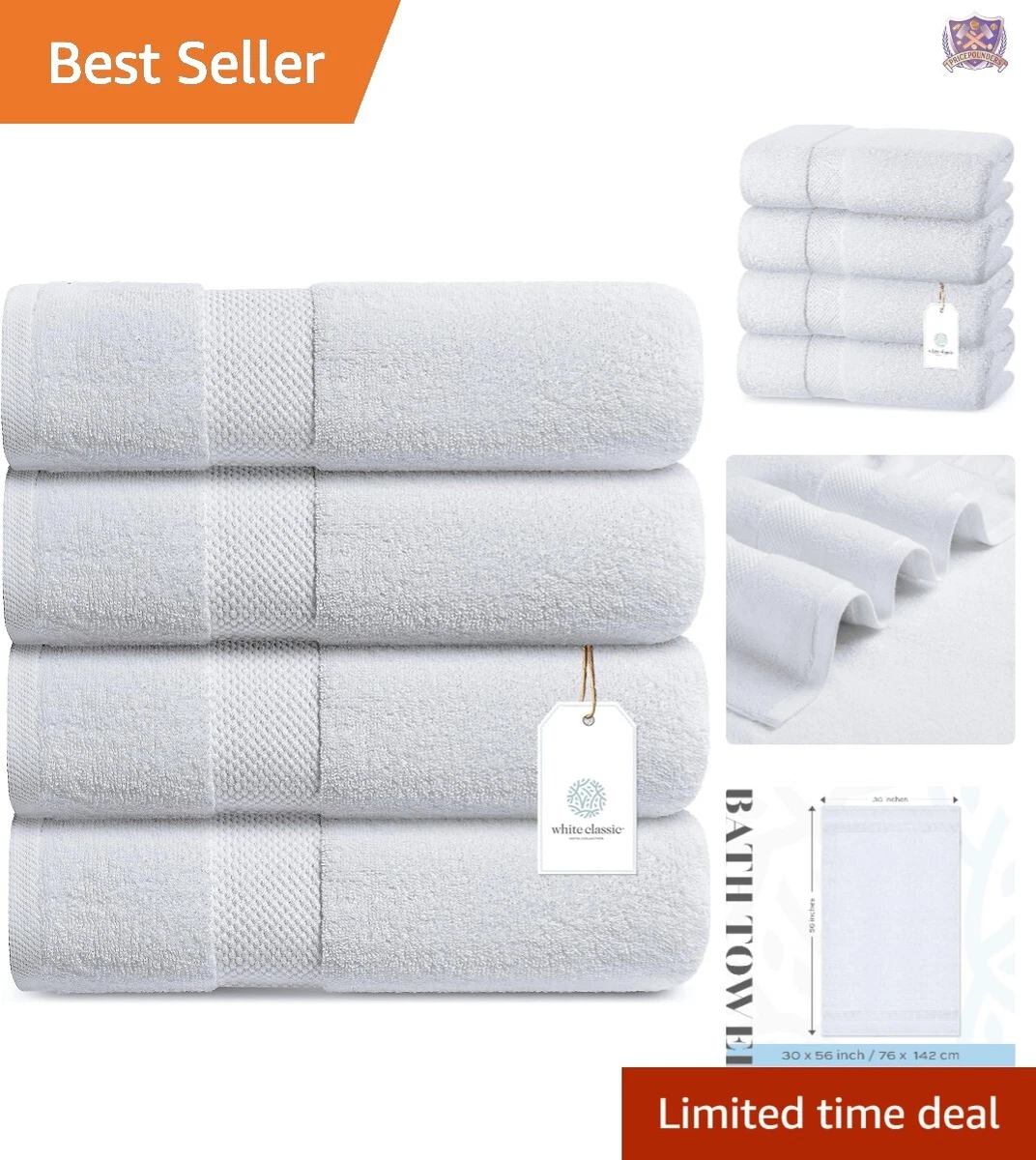 White Classic Luxury Cotton Bath Towels Large, Hotel Bathroom Towel, 27 x  54, 4 Pack