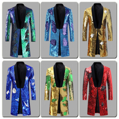 Herren Pailletten Lang Anzug Jacke Karneval Blazer Kostüm Mantel Showman Kostüm
