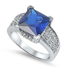 Blue CZ Square Solitaire Sparkle Ring Sterling Silver Band Sizes 6-10