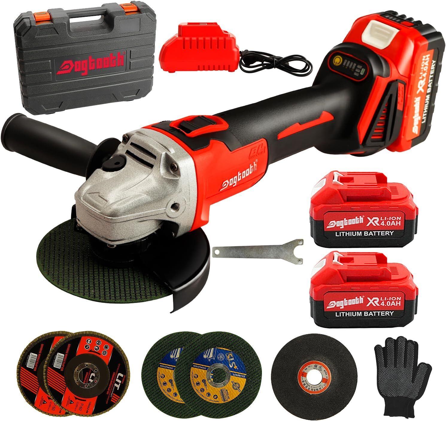 DOGTOOTH 21V Cordless Angle Grinder Kit w/10000 RPM Brushless Electric Motor,4-1
