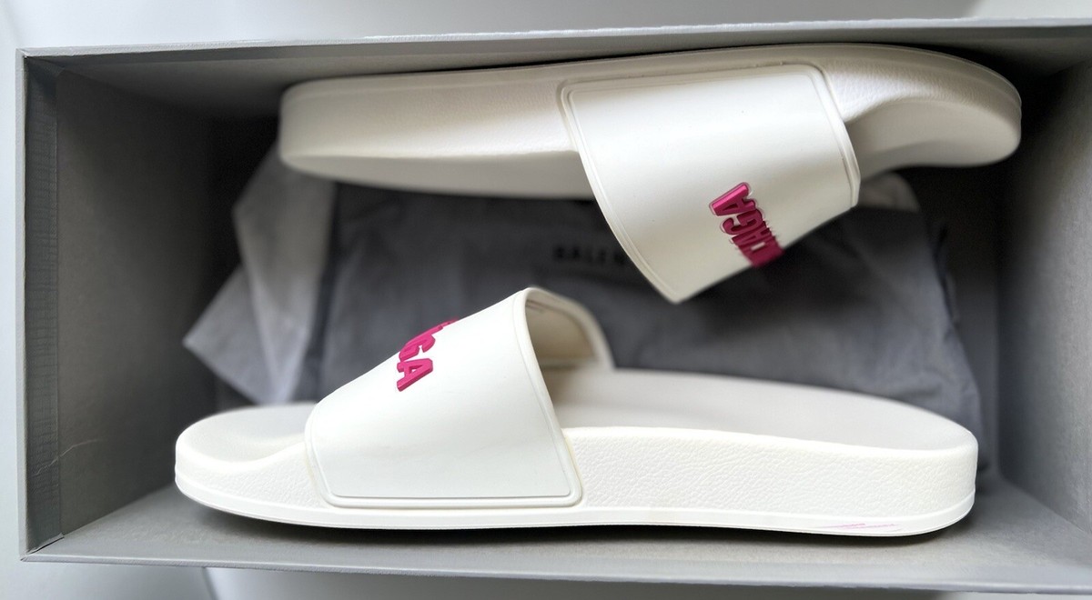 Balenciaga $395 Women's Smooth Logo Pool Slide Sandals White