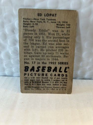 1952 bowman baseball card # 17. Ed Lopat Ref# 19K - Picture 2 of 2