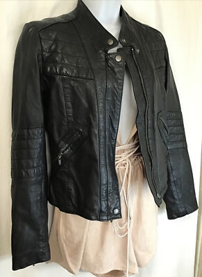 cole haan Leather Jacket Black Zip Up Front Moto Zip Sleeve Size