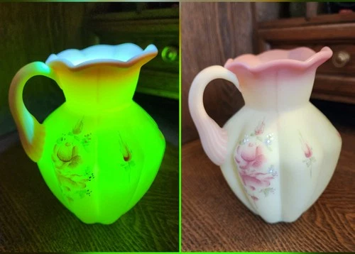 Fenton Burmese Uranium Floral Pitcher - Hand-painted & Hand-signed - W.C. Fenton