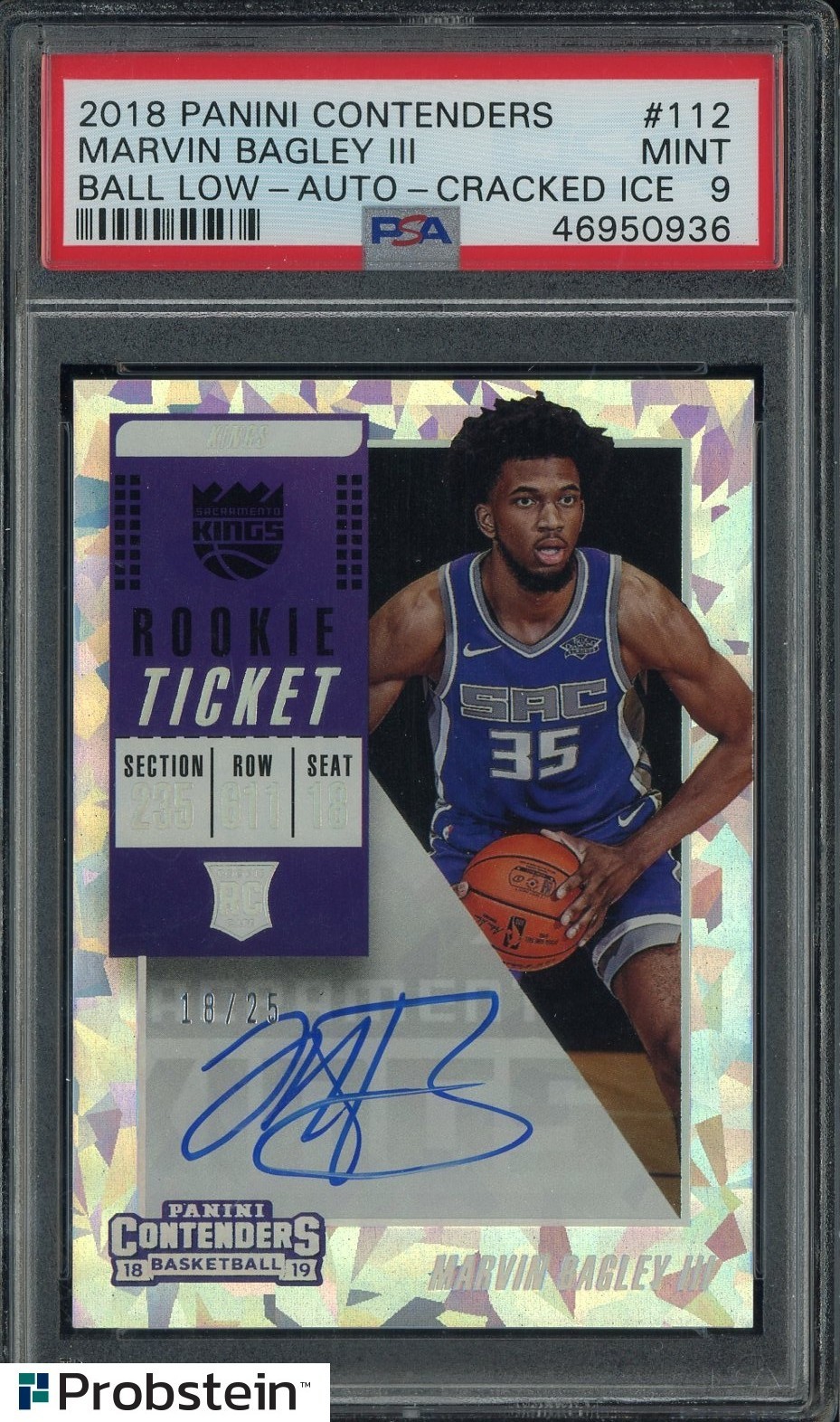 2018 Contenders Rookie Ticket Cracked Ice Marvin Bagley III RC AUTO /25 PSA 9