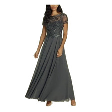 Xscape Charcoal Gray Beaded Sequin Chiffon Short Sleeve Gown 12P $289