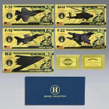 5PCS USAF Gold Foil Banknotes Set F-35 F-22 F-16 B-2 AH-64 Collectible Gift