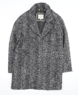 Fat Face Damen schwarz Fischgrät Wollmischung mittellanger Mantel Größe 8