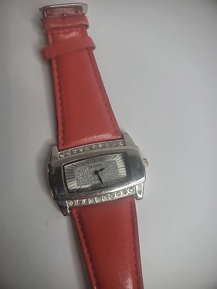 Vintage Bijoux Terner Wristwatch Watch Silver Tone Sparkle Red Band Jewelry - Image 3 of 4