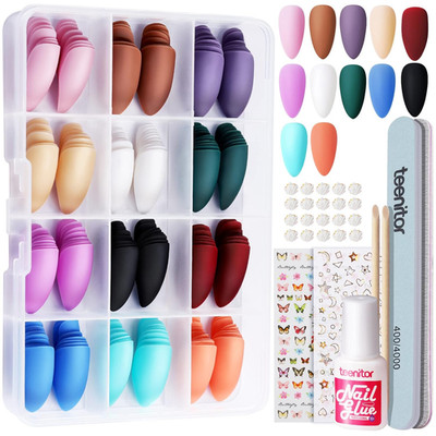 288Pcs Short Press on Nails,  Matte Acrylic False Nails with Glue, 12 Color Glue