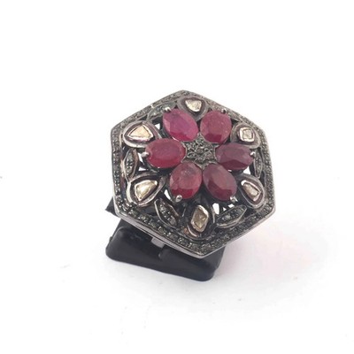 Ruby & Rose Cut Polki Diamond Ring 925 Sterling Silver Statement Victorian Ring