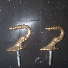 2 Vintage Small Brass Screw Wall Hooks Hangers Tie Back Furniture Hook