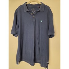 Tommy Bahama Navy Blue Polo Shirt Mens L Collared Aqua Blue Fish Supima Cotton