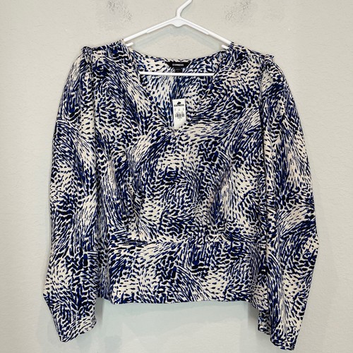 NUEVO CON ETIQUETAS Blusa Top Estampado Express Cuello en V Para Mujer Talla M Azul Blanco Manga Larga Abullonada - Imagen 1 de 11