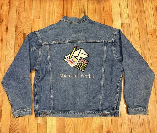 Vtg 90s Microsoft Works Embroidered Employee Jacket Co Swag Int'l Denim Mens Lg - product listing photo