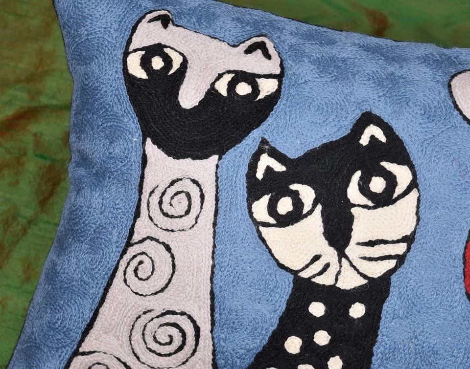 Lumbar Picasso Pillow Cover - Blue Cat Abstract Kitties Cushion - Hand Embroi... - Image 4 of 4
