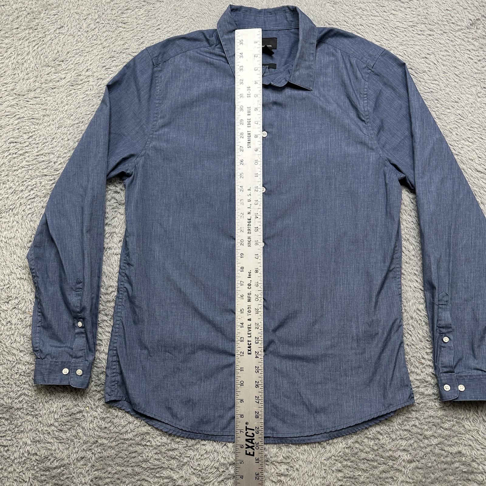 H&M Shirt Mens L Blue Chambray Slim Fit Cotton Polyester image 5
