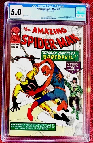 Rare “Amazing Spider-Man” #16 Marvel SILVER 9/1964 1st Daredevil Cross CGC 5.0 !