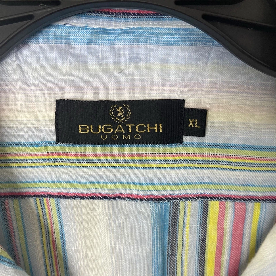 Bugatchi Uomo Shirt Mens XL Multicolor Striped 100% Linen Short Sleeve Button Up - Image 4 of 4
