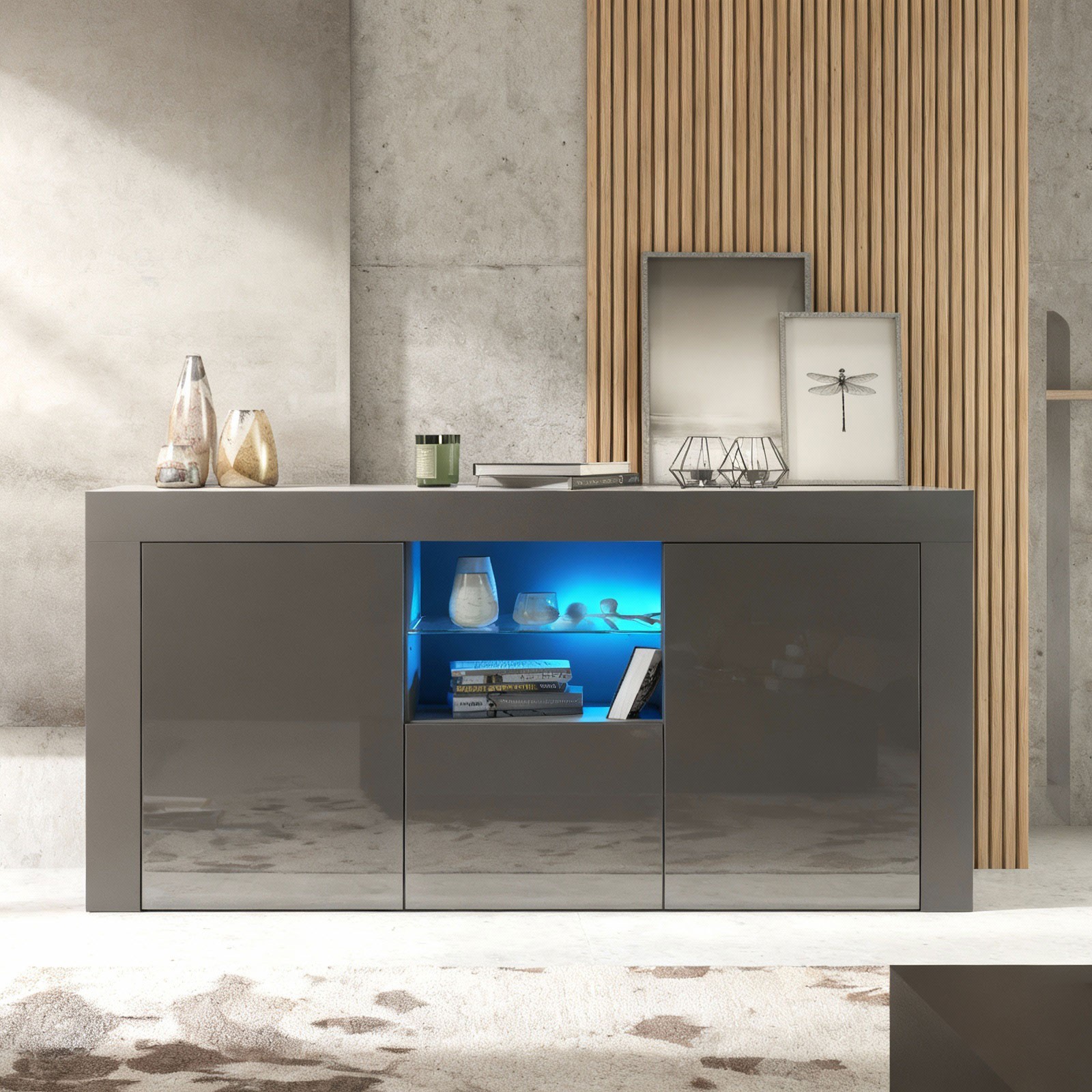 TV Unit TV Stand Sideboard Storage Cabinet LED Shelf Grey Gloss Modern 145cm TV