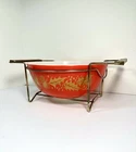 Vtg Pyrex Promo 404 Casserole 4Qt Bowl Christmas Red Golden Leaf Cradle No Lid