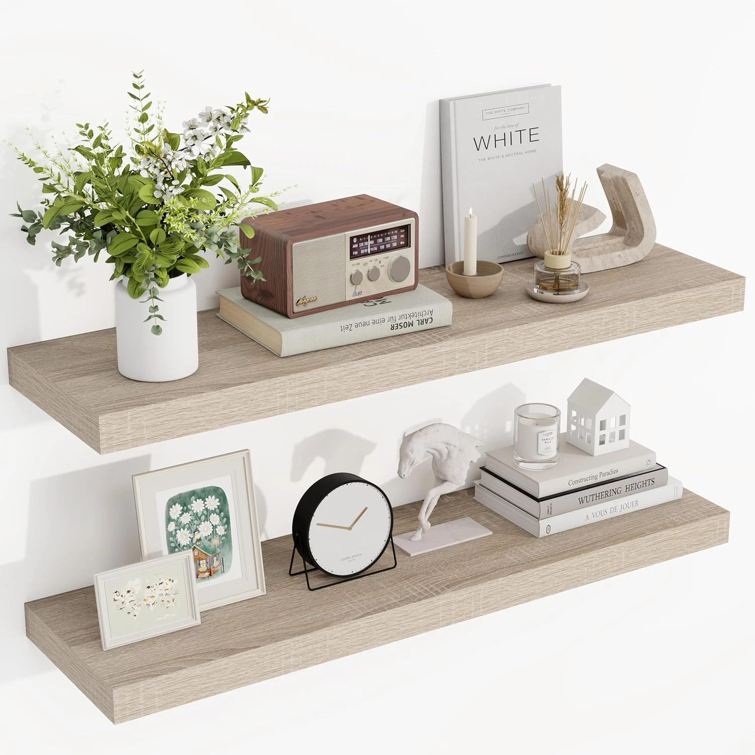 36" Floating Shelves, Vintage White Oak, 3D Textured Wood Grain, Set of 2