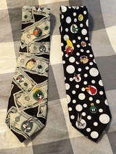 Lot 2 Looney Tunes Novelty Ties Dollar Bill & Polka Dot WB 1993 1995 Vintage
