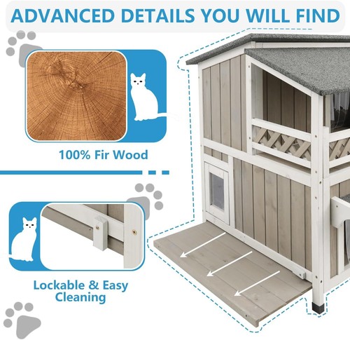 Two Story Cat House Outdoor Wooden Feral Cat Shelter with Balcony & Escape Door - Picture 5 of 7