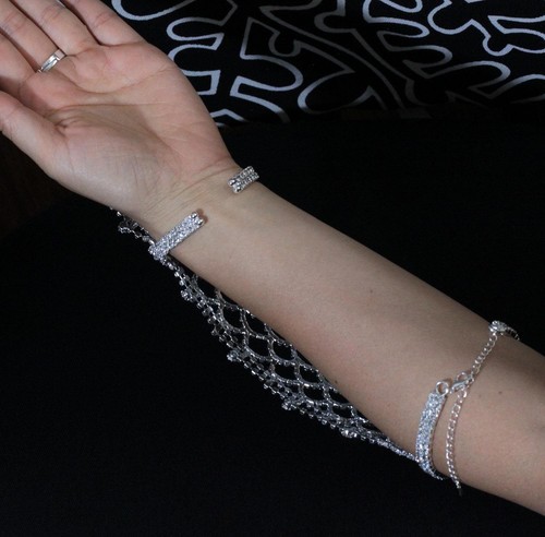 Long Slave Glove Clear Austrian Rhinestone Crystal Bracelet With Ring Bangle B88 - Picture 3 of 4