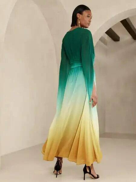 【BAON】Pots Chiffon Layered Long One Piece P216002 Charlotte Chiffon Long Bridesmaid Dress with V-Neckline