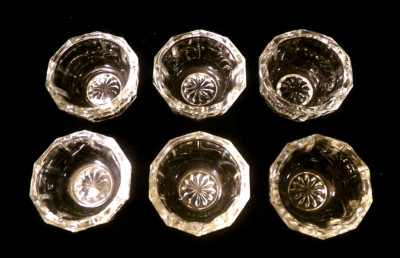 6 PC SET of VINTAGE CLEAR GLASS OPEN SALT CELLARS - Paneled Sides, Starburst