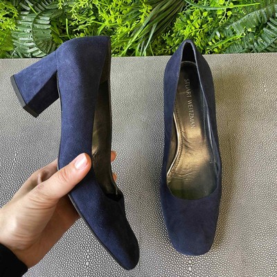 navy suede block heel pumps