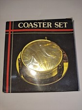Rare NOS Sealed Vintage Mid Century 7 Piece Brass Plated Coaster Set
