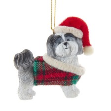 Shih Tzu Grey With Plaid Coat and Santa Hat Ornament
