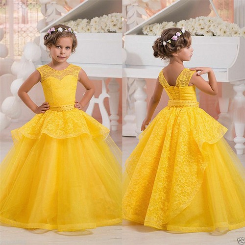Yellow/Pink Flower Girl Dress Party Prom Formal Ball Gowns Lace Up Straps Custom
