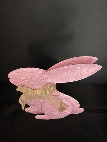 Metal Pink Bunny Figurine Decor Spring Easter Garden - Picture 3 of 9