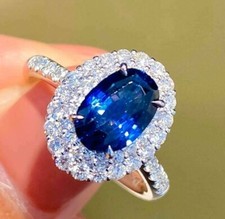 3.50Ct Oval Lab Created Blue Sapphire Halo Engagement Ring 14K White Gold Plated